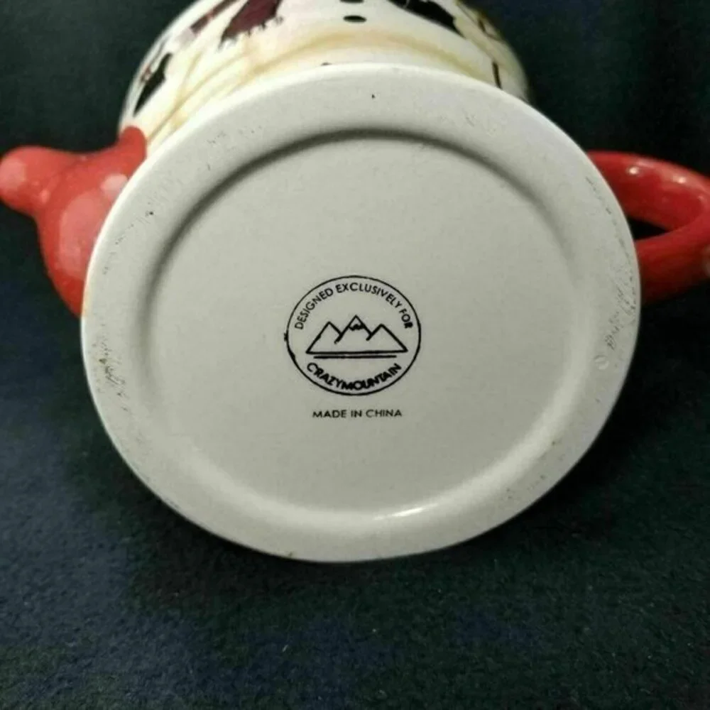 Crazy‎ Mountain Snowman Teapot Trees Birds Birdhouse Red Handle and Spout